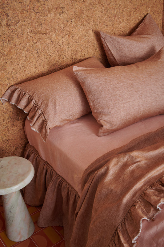 Cinnamon French Flax Linen Flat Ruffled Sheet