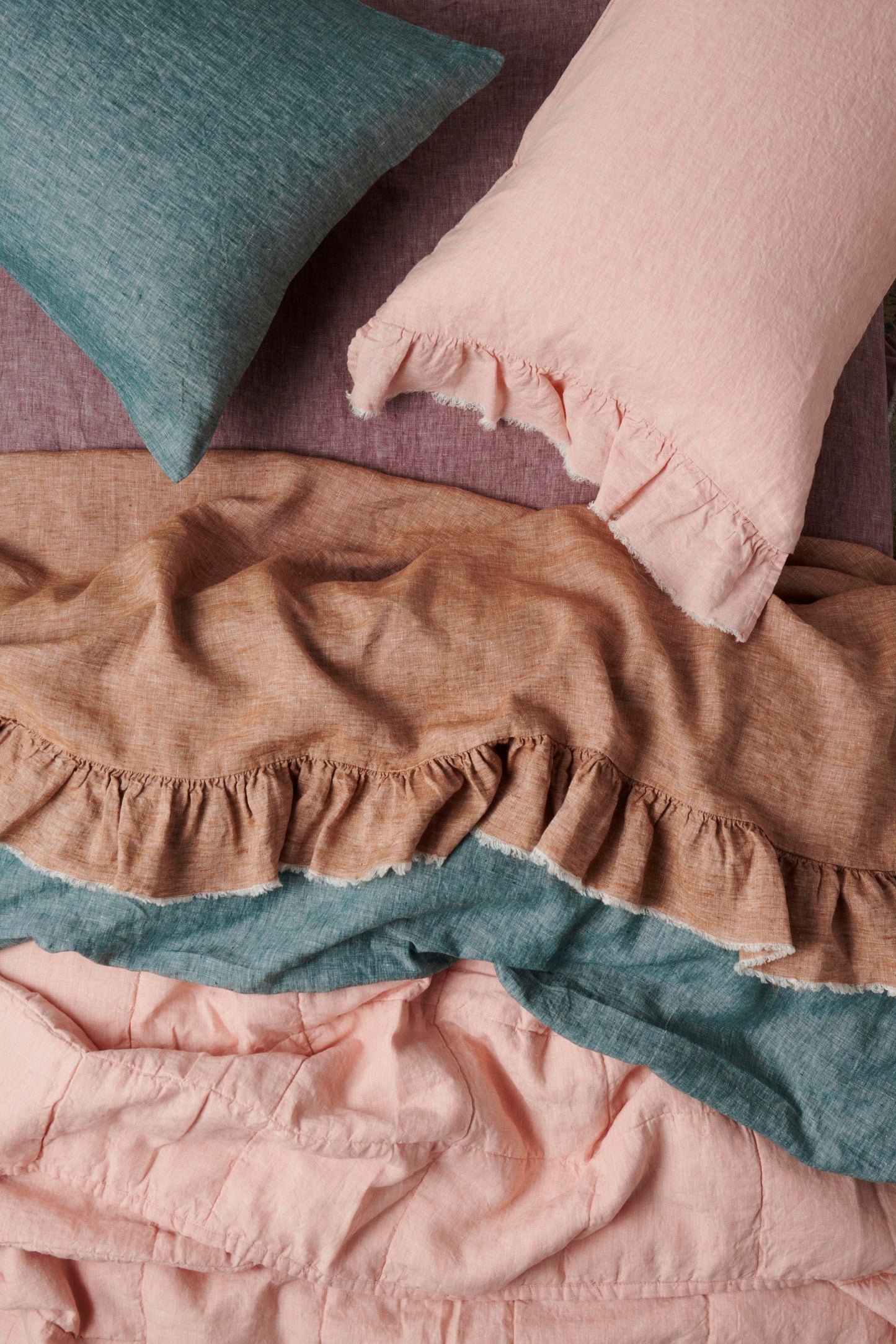 Cinnamon French Flax Linen Flat Ruffled Sheet